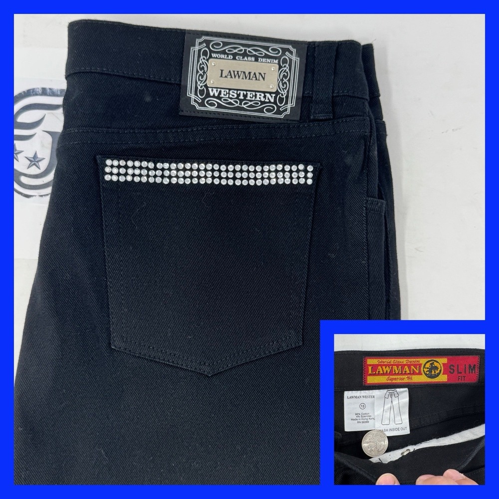 Lawman Western Slim Fit Womens Jeans‎ Rhinestone Studded Pockets Black Size 13